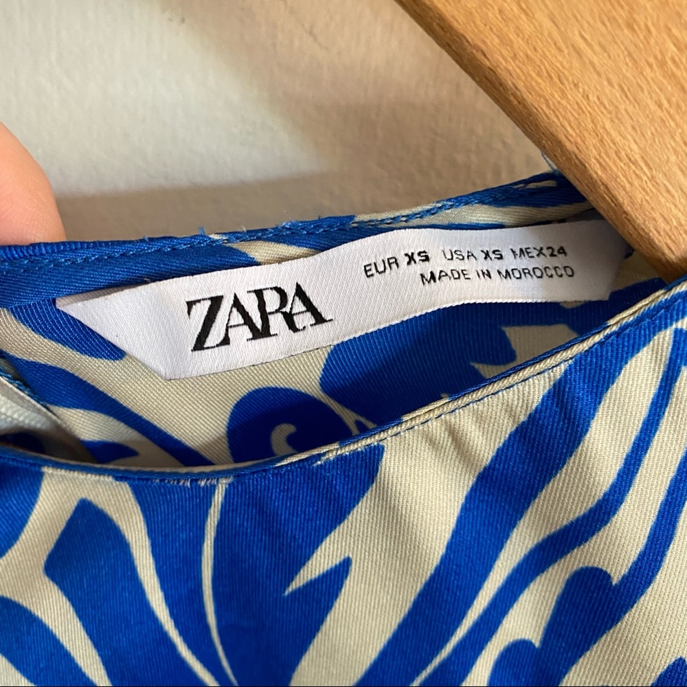 Zara Satin Blue Tan Long Sleeve Midi Dress Size XS - Picture 9 of 13